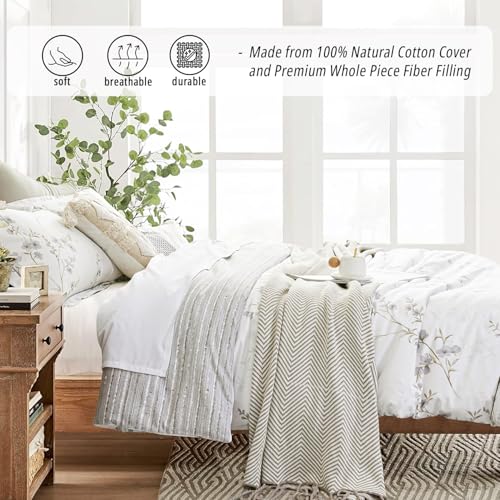 LEMIROE Vintage Botanical White Cotton Comforter Queen Size - Elegant Gray Flowers and Taupe Branches on White, Light Gray Striped Back, 3PC Lightweight Bedding Set with Ultra-Soft Alternative Fill - color: Botanical & Striped - White & Gray, size: Full/Q