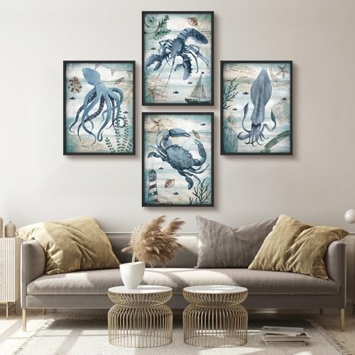 SIGNWIN Framed Nautical Wood Block Blue Octopus Lobster Crab Squid Fish Wall Art, Set of 4 Animals Wall Decor Prints, Nature Wilderness Wall Décor for Living Room, Bedroom - 11"x14" Black - color: A35-2303-slm8, size: 11"L x 14"W, style: Black Frame