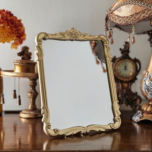 SIKOO 8x10 Inch Vintage Mirror, Decorative Wall Mirror,Makeup Mirror for Table,Antique Home Decor,Ornate Wall Art,Resin and Premium Glass, Gold - color: Gold