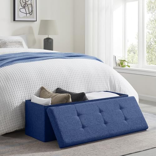 Ornavo Home 43 Inch Folding Extra Large Storage Bench, Linen, Navy Blue | Upholstered Tufted Ottoman with Lid; Foot Rest Stool; Ideal for Bedroom, Living Room or Entryway - color: Navy Blue, size: 15"d X 43"w X 15"h
