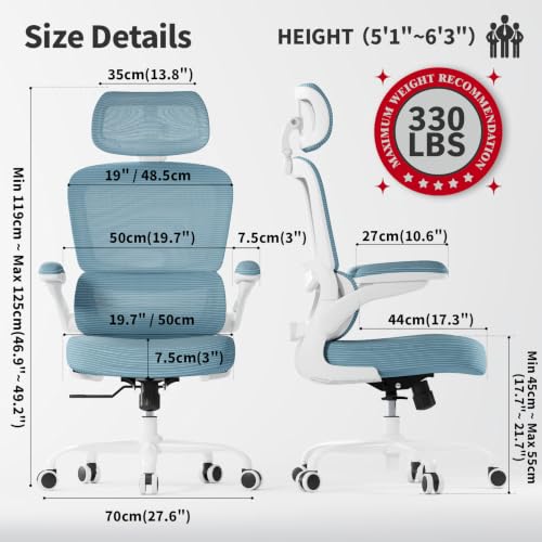 TRALT Ergonomic Office Chair Desk Chair with Adjustable Lumbar Support | Home Office Desk Chairs with Flip-up Armrests & 3D Headrest - Mesh Gaming Chairs for Adults, 330lbs, PU Leather (Blue, 1) - color: Blue, size: Pack of 1