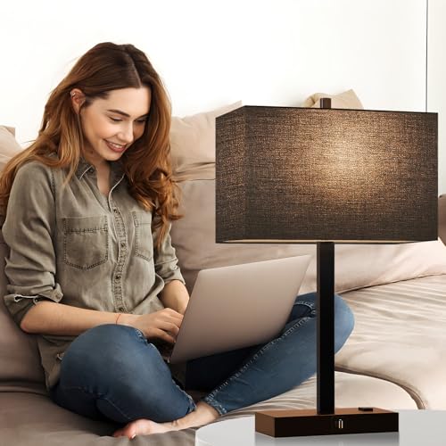 21" Touch Bedside lamps with 2 USB & AC Outlets, 3-Way Dimmable Bedside Table Lamps Set of 2 for Bedroom Living Room Office Reading, Black Shade Lamps for Night Stands, 2700K LED Bulbs Included - color: (2 Pack)Black Linen& Matte Black(Base)-2700K Bulbs I
