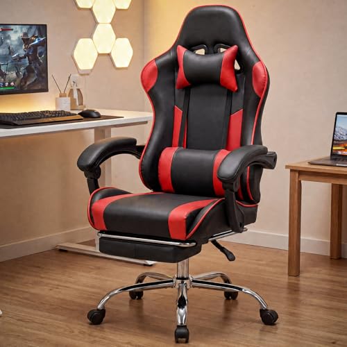 Sweetcrispy Gaming Chair, Ergonomic Computer Desk Chair, Lumbar Support | High Back PU Leather, Adjustable Headrest Footrest, Racing Video Office Home, Red - color: Pu Red