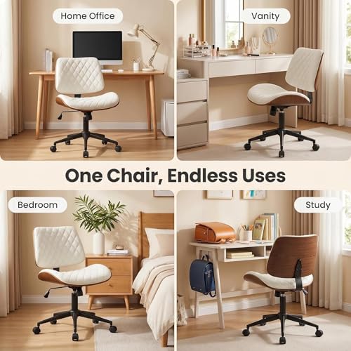 Furnimart Wooden Armless Desk Chair with Wheels, 360° Swivel Faux Leather Vanity Chair for Bedroom, Small Office Computer Task Chair for Home & Compact Spaces (PU White) - color: Pu-white
