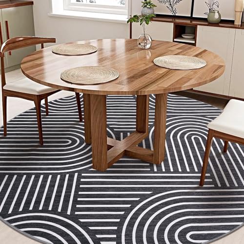 ROYHOME Modern 6ft Round Washable Rug for Living Room Soft Non Slip, Black | Abstract Area Rug for Bedroom, Rainbow Throw Rugs with Rubber Back, Low Pile Stain Resistant Geometric Carpet for Dining Room - color: Black, size: 6' (Round)