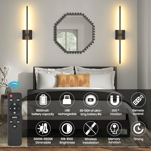 Battery Operated Wall Sconces with Remote Control, 11000mAh LED Wireless Rechargeable Black Wall Lights, 350°Rotate Dimmable Wall Lamp, 3 Color Temperatures, for Bedroom, Living Room, Hallway, 2 PCS - color: Black, size: 2 Pack