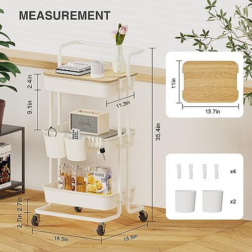 DTK 3 Tier Rolling Utility Cart with Cover Top Board, Movable Kitchen Storage Cart Trolley with Lockable Wheels, Cups, Hooks for Kitchen Bathroom Home Office Art Craft Storage and Organization(White) - color: White, size: Medium