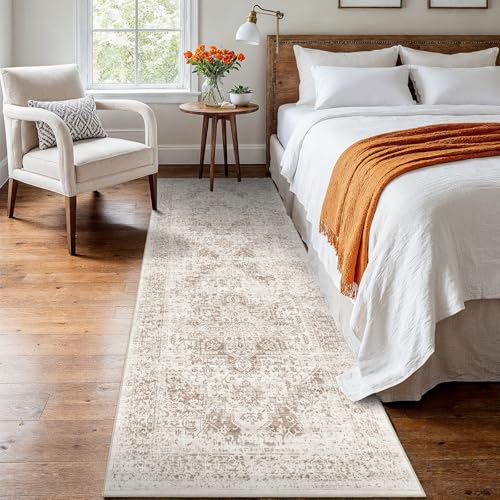 2x8 Washable Runner Rug: Vintage Medallion Kitchen Soft Rugs IvoryBeige | Non Slip Pet Friendly Water Resistant Low Pile Design Easy Clean Durable for Entryway Hallway and Indoor High Traffic Areas - color: Ivory/Beige, size: 2x8