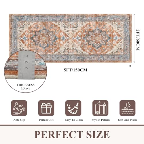 Bsmathom Runners for Hallways, 2x5 Washable Runner Rug, Non Slip Boho Vintage Low Pile Floor Rugs for Entryway Kitchen Bathroom Laundry Room - color: Brown Red, size: 2' x 5' (Runner)