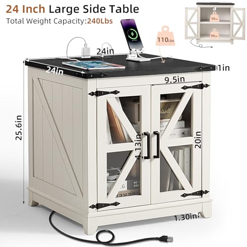 Joaxswe Farmhouse End Table for Living Room, Charger Station | USB Ports, Glass Barn Door, Solid Wood Legs, 24" Large Sofa Side Table, Adjustable Shelf, White Square Table for Bedroom - color: White, size: Set 1