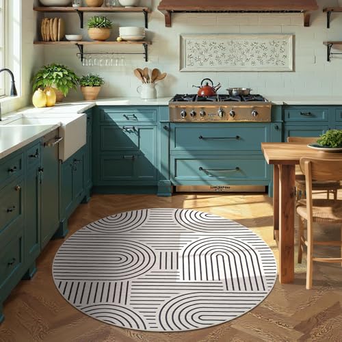 ROYHOME Modern 6ft Round Washable Rug for Living Room Non Slip, LightCamel | Abstract Area Rug for Bedroom, Rainbow Throw Rugs with Rubber Back, Low Pile Stain Resistant Geometric Carpet for Dining Room - color: Light Camel, size: 6' (Round)