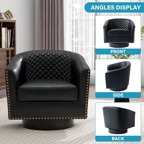 Faux Leather Swivel Accent Chair, Modern Barrel Club Armchair, Black | Comfy Living Room Chair, Modern Nailhead Trim Round Armchair Bedroom Reading Seat with Removable Cushion, Wood Frame - color: Retro Black