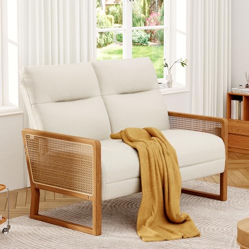 Alunaune Modern Loveseat Bench Couch with Natural Rattan Arm, Upholstered Linen Small Love Seat Sofa 2-Seats Living Room Couch Settee, Comfy Lounge Recliner Chair-Ivory - color: Ivory