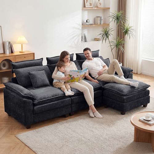 103'' Modular L Shaped Sofa, Cloud Deep Seat Sofa Couch with Ottoman, Detachable Headrest, 3 Seater Sectional Sofas for Living Room, Apartment, Studio, Dark Grey - color: Dark Grey, size: L Shaped Couch