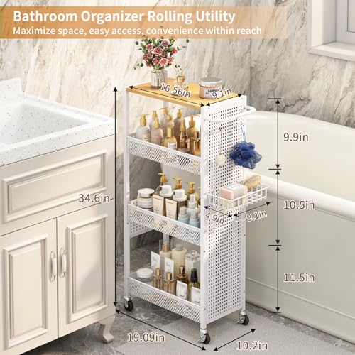 Slim Storage Rolling Cart: 4-Tier Narrow Metal & Wood Utility Cart with Wheels for Kitchen/Laundry/Bathroom(White) - color: White, size: 9.1