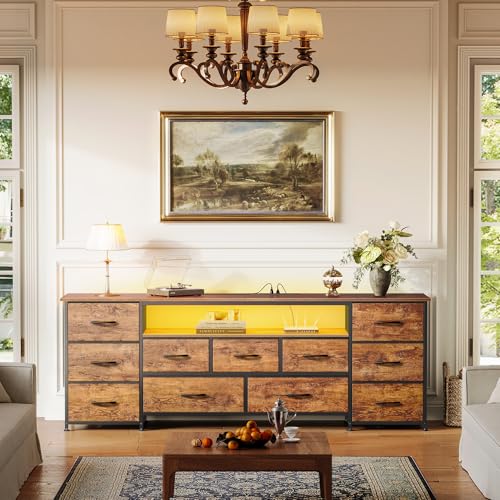 Huuger 63 Inch TV Stand for 65, 70 Inch TV, 11 Drawer Long Dresser with Power Outlets and LED Lights, Entertainment Center with Storage, Rustic Brown Dresser with PU Leather Surface - color: Rustic Brown, size: 13"D x 63"W x 26.8"H