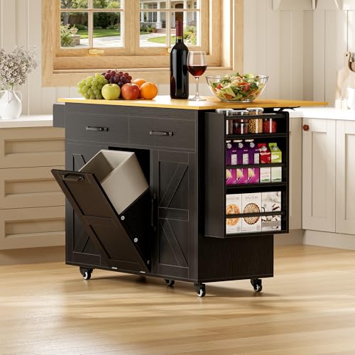 YESHOMY Kitchen Island on Wheels with Trash Cabinet, 56" Mobile Cart with Drop Leaf and Drawers, Rolling Portable Table with Spice Rack & Towel Holder for Dining Room, Black & Oak - color: Black & Oak