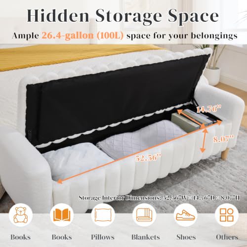 Aoiy & Wifon 63.4" W Large Storage Ottoman Bench, King Size End of Bed Storage Bench with Wood Legs, Upholstered Window Bench for Bedroom, Living Room, Entryway, Teddy Ivory - color: Teddy Lvory