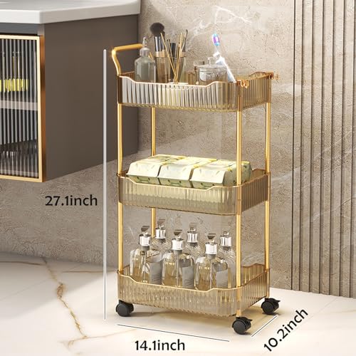 Acrylic Storage Trolley, Bathroom Kitchen Rolling Utility Cart Mobile Organization Shelves with Handle and Lockable Wheel(Gold,3 Tier) - color: Gold, size: 3 Tier
