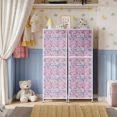 WLIVE Tall Dresser for Bedroom, 5 Drawer Dresser, Tie-Dye | 5 vertical fabric drawers, Tall vertical design, Bedroom or closet use, Dresser for small spaces, Chest of drawers - color: Tie-dye Purple Print