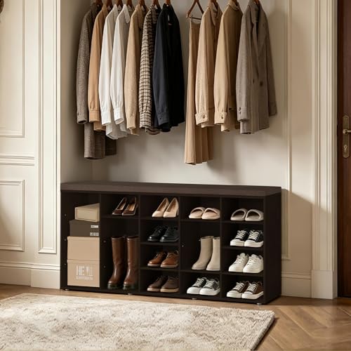 Shoe Storage Bench, 20-Cubby Shoe Rack Bench with Cushion | 50.5"L Entryway Shoe Organizer, Fully Adjustable Shelves for Boots, Removable Washable Cushion, Closet/Hallway, Espresso - color: Espresso, size: 20 Cubby