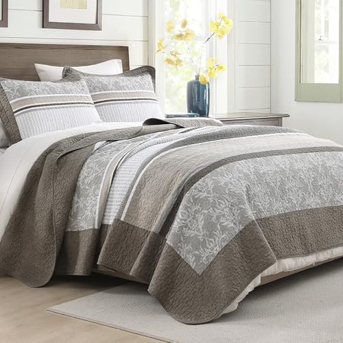 100% Cotton Quilt Set Queen Size - Reversible Quilted Comforter, Striped Botanical Queen Quilt Bedspread, Modern Lightweight Bedding for Queen Bed, 3pcs, Taupe/Gray/White - color: Taupe/Gray/White, size: Queen(90"x98")