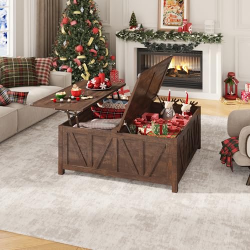 chartustriable 43.3“ Lift Top Coffee Table with Storage, Farmhouse Coffee Table with Large Hidden Storage Compartment and Shelves,Square Center Tables for Living Room, Tea Table Dark Brown - color: Brown