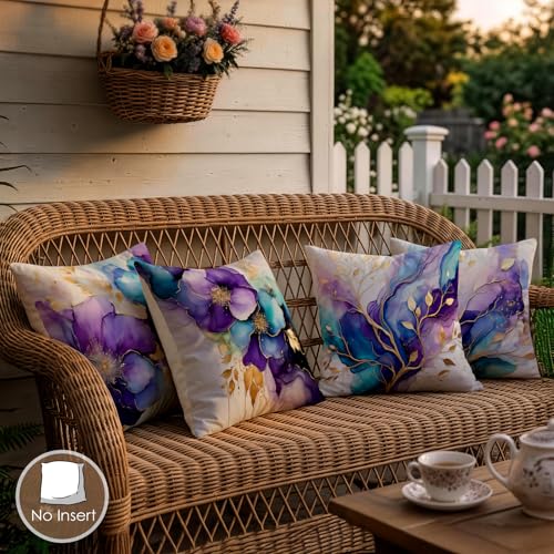 OBSEDE Purple Blue Floral Decorative Throw Pillow Covers 18x18 in Set of 4 | Faux Linen, Single-Sided Art Print, Invisible Zipper, Modern Couch Home Decor, Gift For Friends, Cozy Bed Sofa Cushion Cases - color: Gilded Ink Bloom, size: 18" x 18" (Pack of 4