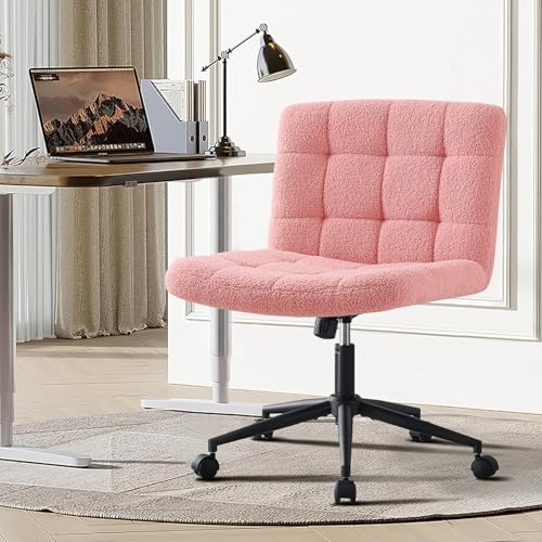 Furnimart Criss Cross Chair with Wheels, Cross Legged Office Chair, Wide Armless Desk Chair, Adjustable Swivel Faux Fur Criss Cross Office Chair with Thick Cushion for Home Office Bedroom Vanity - color: Faux Fur-pink