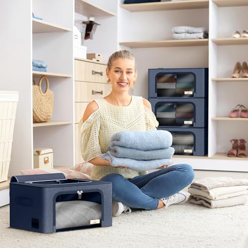 Sorbus Storage Bins with Metal Frame - Stackable & Foldable Clothes Organizer Bags - Oxford Fabric Storage Containers with Large Clear Window & Carry Handles, Bedroom Organization for Bedding & Linen - color: Blue, size: 4 Pack