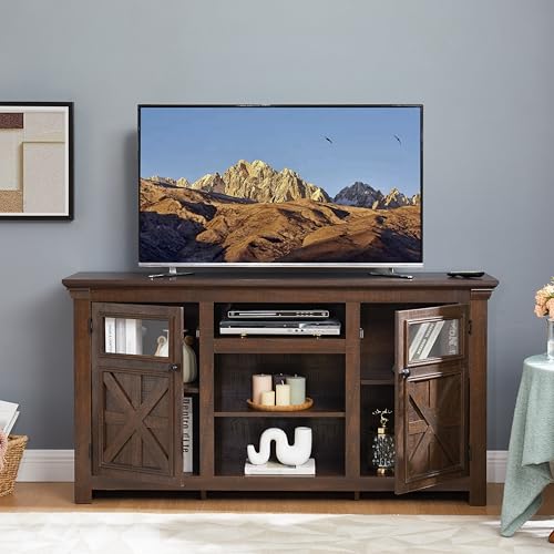 Farmhouse TV Stand 60 in for TVs up to 65 inch, Wood TV Console with 6 Cable Management Holes and Adjustable Shelves for Living Room, Barn Style Media Center with Glass Doors, Espresso - color: Espresso-d-60.23 X 15.35 X 31.70 Inch