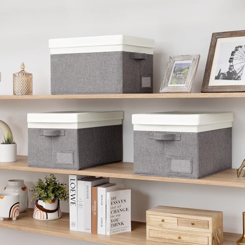 GRANNY SAYS Storage Bins with Lids, Decorative Storage Boxes with Lids | Storage Box with Dust Cover, Handles & Lable, Collapsible, Ideal for Closet Clothes Blanket Toys, Large, White&Gray, 3-Pack - color: White&Gray, size: Large