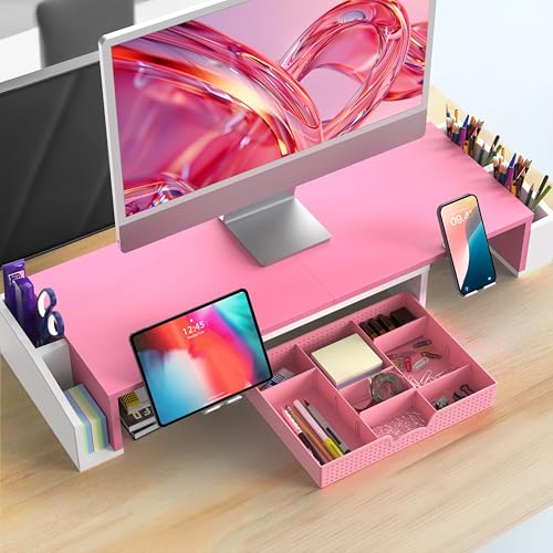 Simple Houseware Desk Dual Monitor Stand Riser with Drawer, Pink | Customizable Organizer Tray, Built-In Phone & Tablet Slot and Side Storage - color: Pink