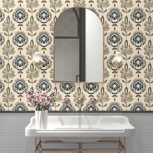 BOKEBEVE Boho Floral Peel and Stick Wallpaper Beige Blue 17.5 x 393.5In | Extra Long Symmetry Contact Paper Modern Wall Paper for Bedroom Accent Walls Laundry Nursery Pantry Renter Friendly Removable - color: Dark Beige/Blue/Green, size: 17.5" x 393.5"
