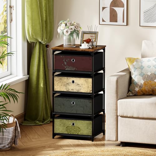 VASICAR Storage Unit with 4 Drawers, Fabric Nightstand, Wood Top | Clothes Organizer, Craft Storage Chest, Small Pattern Dresser for Bedroom, Closet, Nursery, Dorm - size: 11.8"D x 15.8"W x 30.7"H (4 Drawers)
