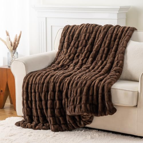 Battilo Chocolate Brown Faux Fur Throw Blanket for Couch, 50"x60" | Luxury Faux Fur Blanket with Brown Tip, Soft Cozy Minky Plush Ruched Faux Fur Blanket For Bed, Sofa Living Room - color: Chocolate Tip, size: 50"x60"