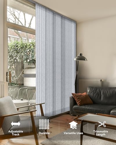 Deluxe Sliding Vertical Blinds,White Trendy Door Blinds, Blue Panel Track Blinds, Patio Room Dividers, 45.8"- 86" W x 96" H, Extendable Track, Designer Pattern Woven Panels, Mykonos - color: Mykonos