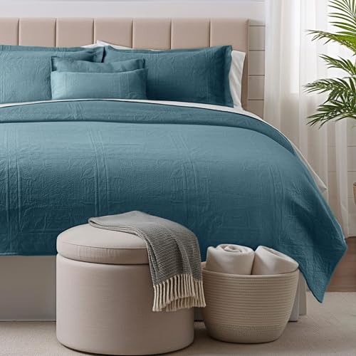 Clara Clark Quilts Twin Size - All Season Bedspread Coverlet Set, Pinsonic Weave Lightweight Bedding Set - 5 Piece Twin Quilt Set with Pillow Shams, Stone Blue - Twin Grid - color: 25 – Stone Blue – Grid, size: Twin