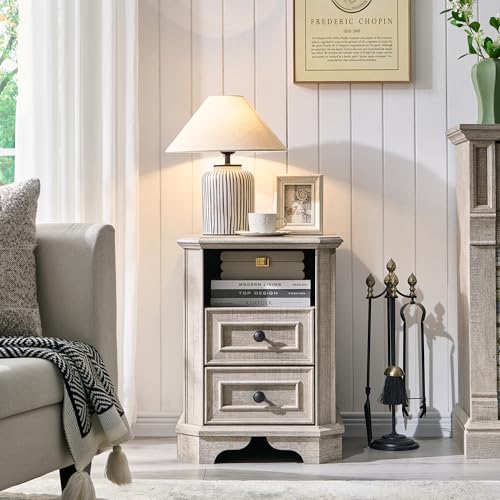 T4TREAM Farmhouse Nightstand with Charging Station, 18" End Table with 2 Drawers, Wood Side Table, Bedside Cabinet for Bedroom, Living Room (Light Rustic Oak) - color: Light Rustic Oak