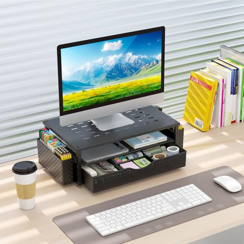 gianotter Monitor Stand with Drawer and 2 Pen Holders | Monitor Riser Dual-Layer Storage Desk Organizers and Accessories (Black-Ventilated) - color: Black-Ventilated