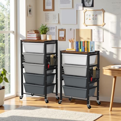 Rolling Cart with 4 Drawers, Plastic Drawer Storage Carts with Wheels & Wooden Tabletop, Metal Utility Cart with Pegboards, Office Living Room Classroom Craft Organization and Storage, Dark Grey - color: Dark Grey, size: 4-drawer
