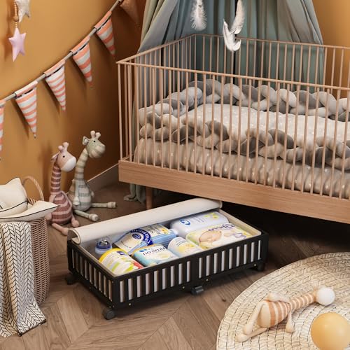 2 Pack Large Bamboo Under Bed Storage Containers with Wheels, Black | Underbed Drawer Storage with Bag, Wood Rolling Underbed Organizer for Shoes, Sheets Clothes Blanket Comforter, Under Crib Toy - color: Black, size: 2 PCS (33.07"×16.54")