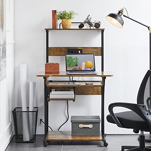 Topeakmart 3 Tiers Rolling Computer Desk with Power Outlet and USB Ports for Space Saving, Home Office Desk with Keyboard Tray and Printer Shelf on Wheels, Laptop PC Workstation Table, Rustic Brown - color: Rustic Brown