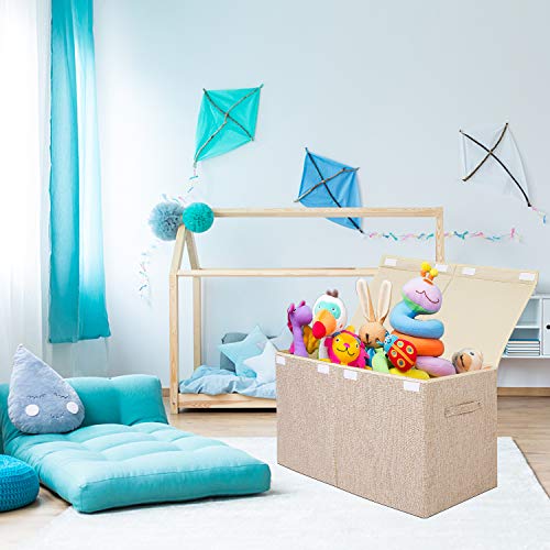 2 Pack Large Toy Box Storage with Lid, Collapsible Sturdy Toy Chest Storage | Toy Chest with Rivets Handles for Kids, Boys, Girls, Nursery, Playroom, Living Room, Bedroom, 25"x 13" x 16" (Linen Gray) - color: 2 Pack Large Beige