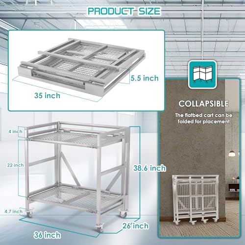 2 Shelf Rolling Cart with Wheels, 660lbs Capacity Collapsible Steel Rolling Utility Cart, Heavy-Duty Foldable Hand Truck, Metal Storage Carts with Handle for Groceries, Warehouse (36" Lx26 W) - color: Net