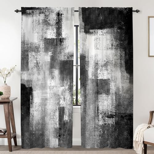 Black Grey Curtains for Living Room,Abstract Curtains 84 Inches Long 2 Panels,Black and White Rust Privacy Curtain with Rod Pocket for Bedroom,Modern Decorative Drapes,W52 x L84 Inch - color: Black and Grey White, size: 52"W x 84"L (Pack of 2)
