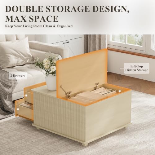 MALOL Square Storage Coffee Table with 2 Drawers, Hidden Storage Beneath Flip-Top Lid, Modern Fluted Wood Coffee Table with Solid Wood Legs for Living Room, Light Wood - color: Light Wood