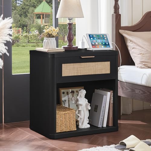 LEYAOYAO Rattan 23" Nightstands with Charger for Bedroom | Gold Metal Handle, Storage Shelf, Black Night Stand with Drawer, Boho Bedside Table, Bed Side End Tables Living Room, Hallway - color: Boho Black, size: 1 Drawer