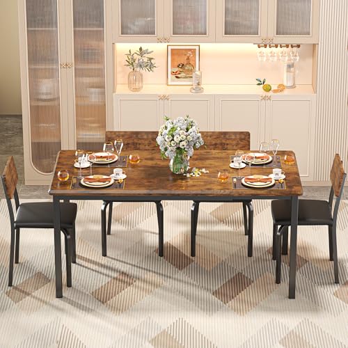 IRONCK 5-Piece Extendable Dining Table Set, 63" Kitchen Table with 4 Chairs | Space-saving Dining Table Set with Extendable Drop Leaf Design, MDF Top and 4 Upholstered Chairs for Kitchen or Dining Room