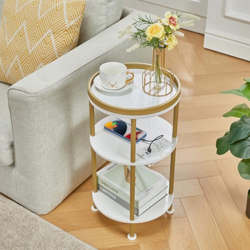 Small Round End Table with Charging Station, 3-Tier Accent Couch Beside Table with USB Ports & Power Outlets, Sofa Side Table for Living Room Small Nightstand Bedroom (USB Charger, White+Gold) | 3-Tier Accent Couch Beside Table with USB Ports & Power Outl